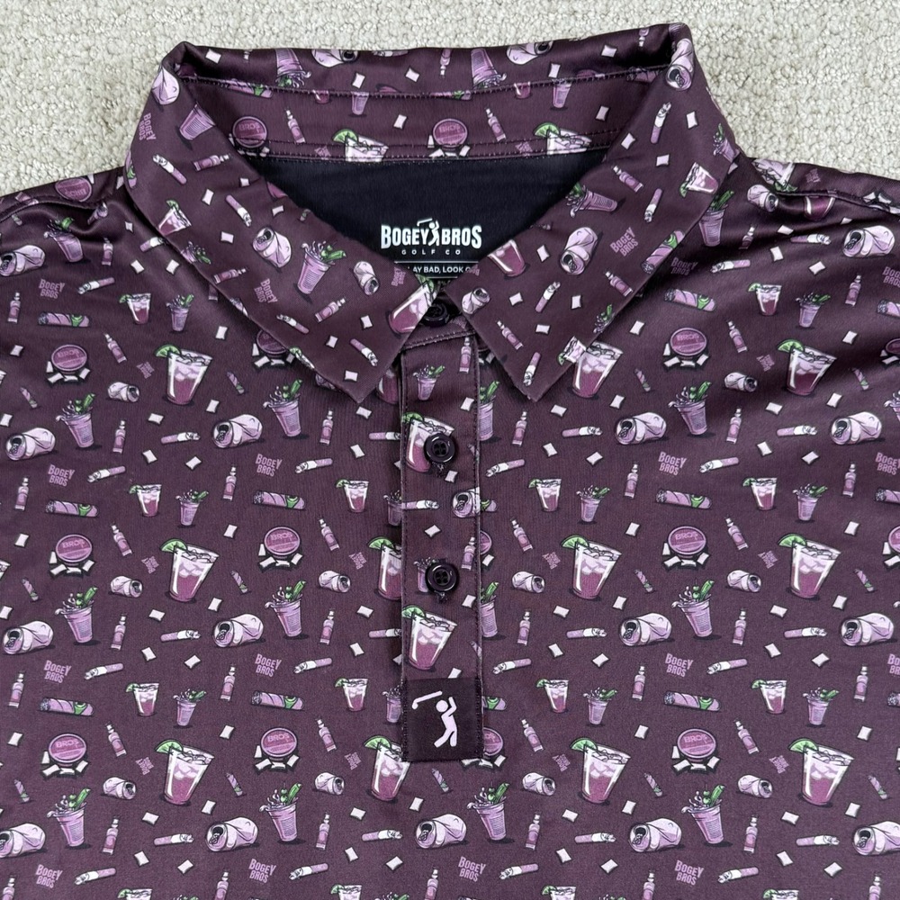 Bogey Bros Mens 3XL Purple Novelty Drink Cigar Print Performance Golf Polo Shirt